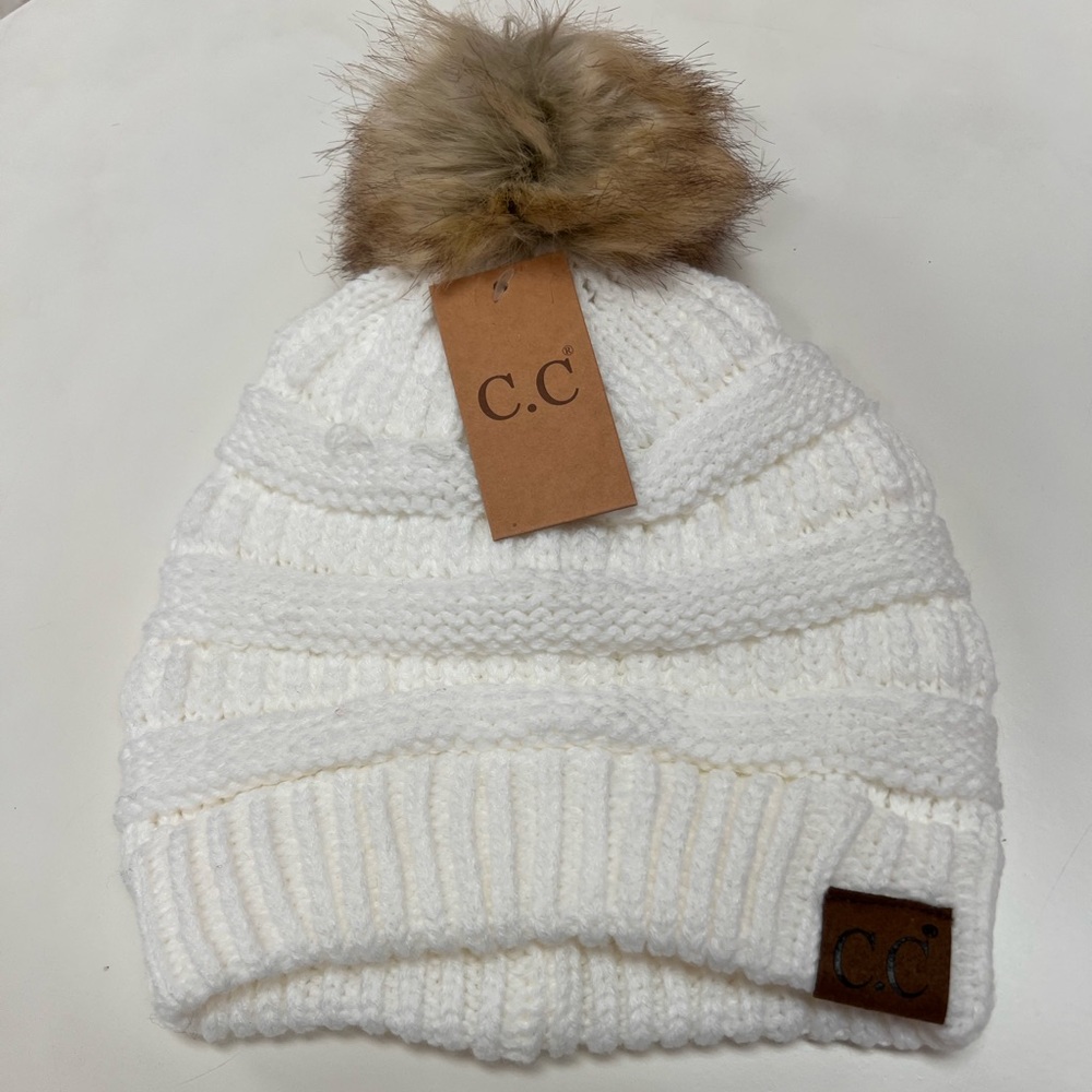 C.C Women’s Cream Knit Beanie with Brown Pom Pom